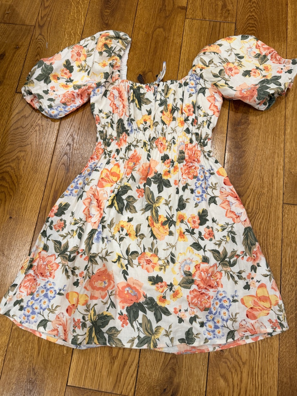 Faithfull the Brand Linen Floral Puff Sleeve Mini Dress